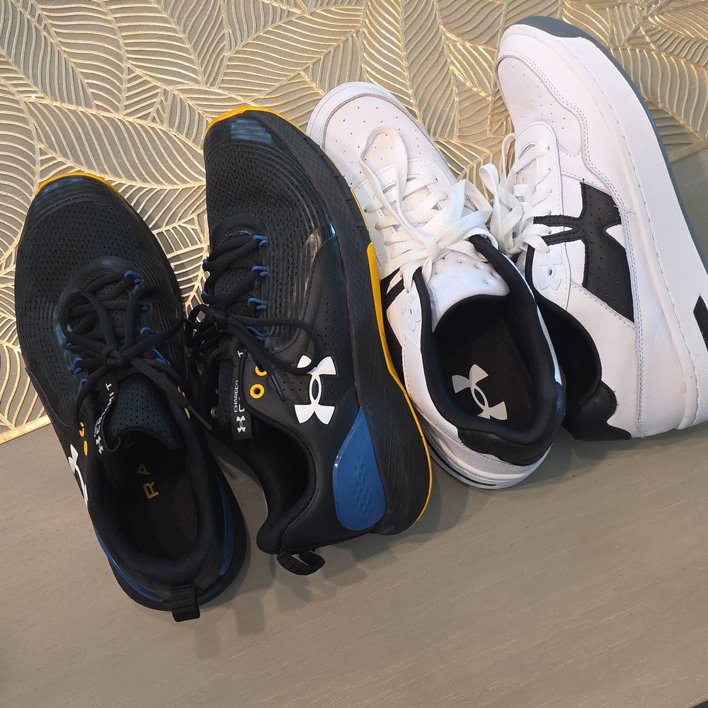 Under Armour Kids Black & White Sneakers with Blue and Yellow Accents Great Deal